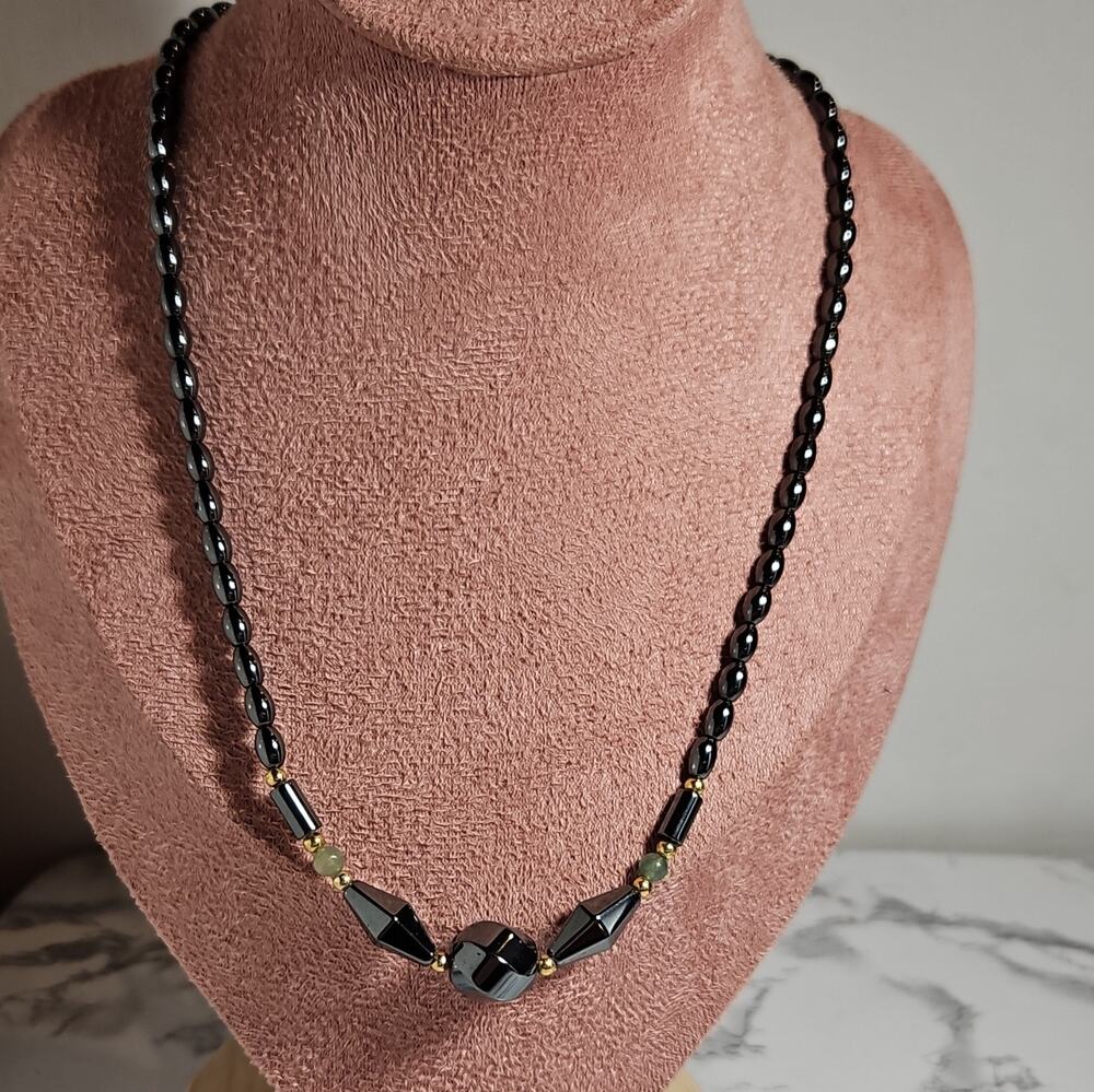 Black Hematite, Jadeite, and Gold Tone Beaded Necklace